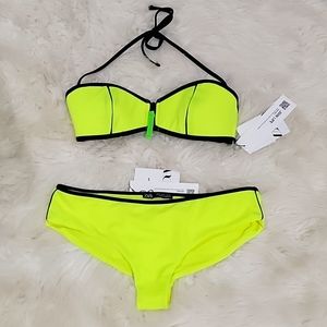 Zara 2pc swimsuit, halter top, semi boyshort bottom, neon lime, new